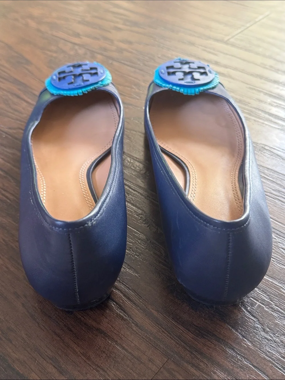 Tory Burch Navy Leather Ballet Flats with Turquoise Logo